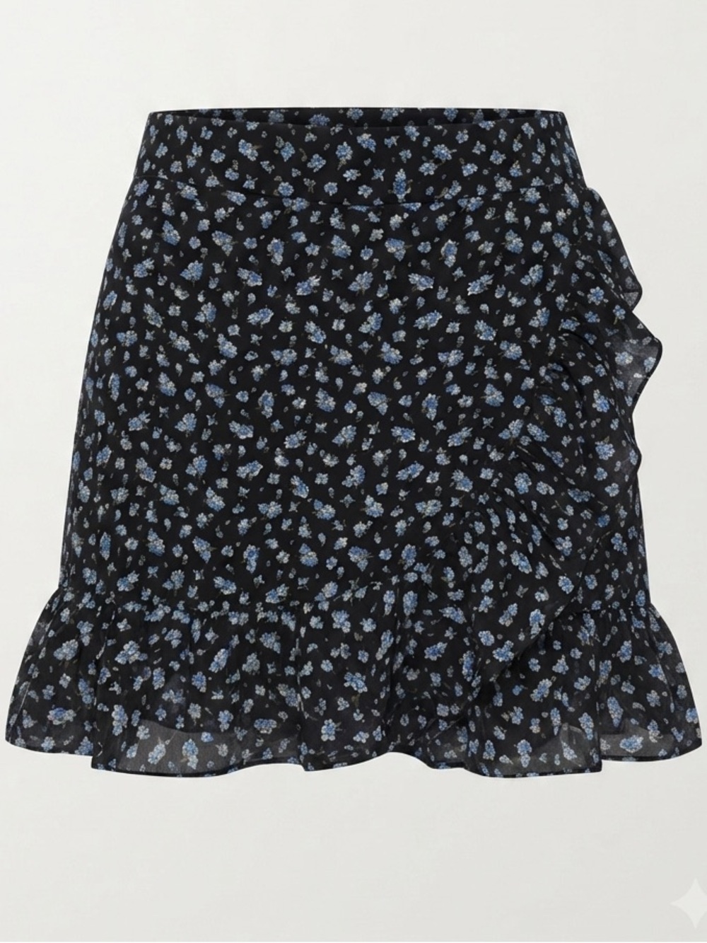 Madewell Ruffle Wrap Mini Skirt Black Blue Ditsy Floral Print Chiffon Size M